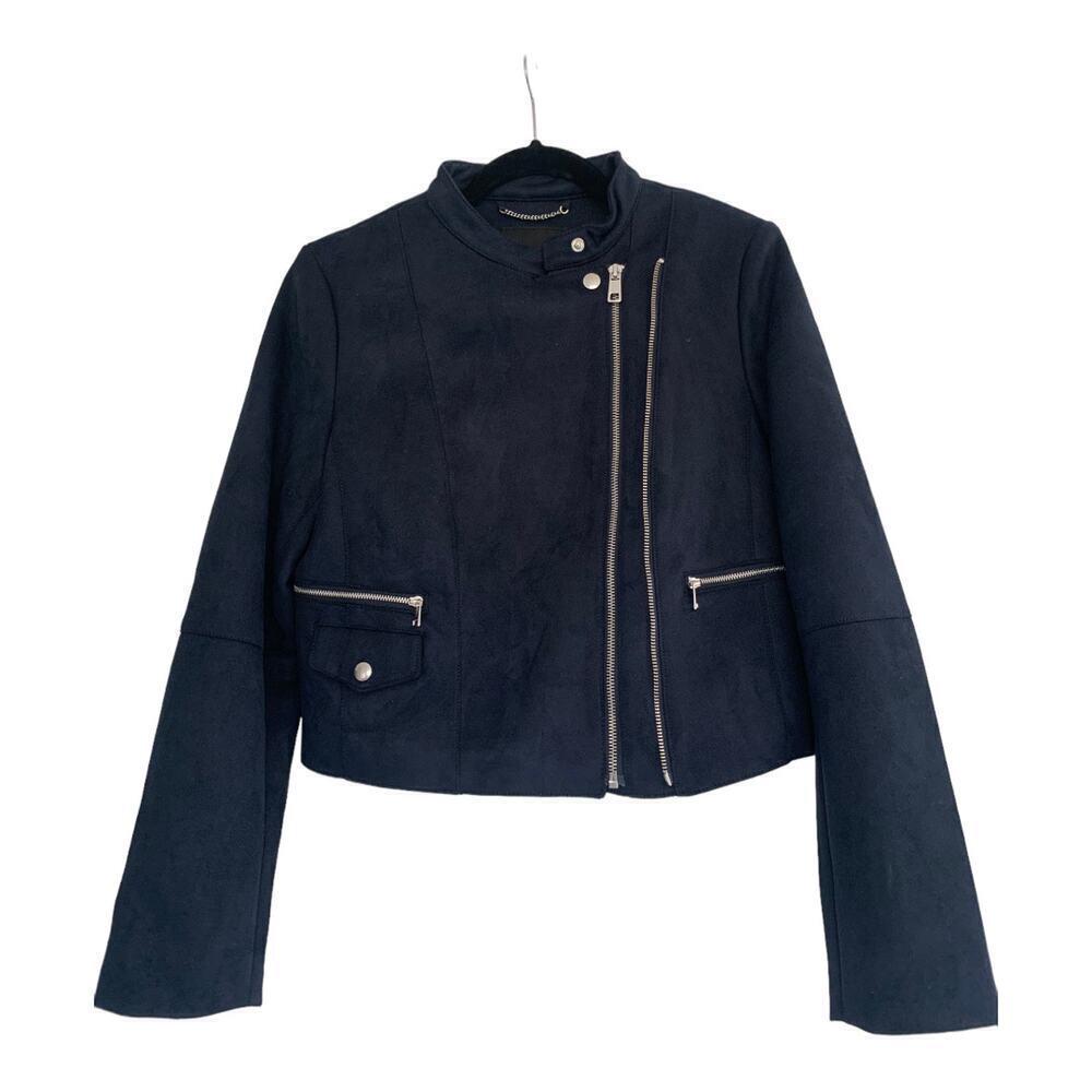 Banana Republic Vegan Suede Black Cropped Bomber Moto Jacket Size Small Petite